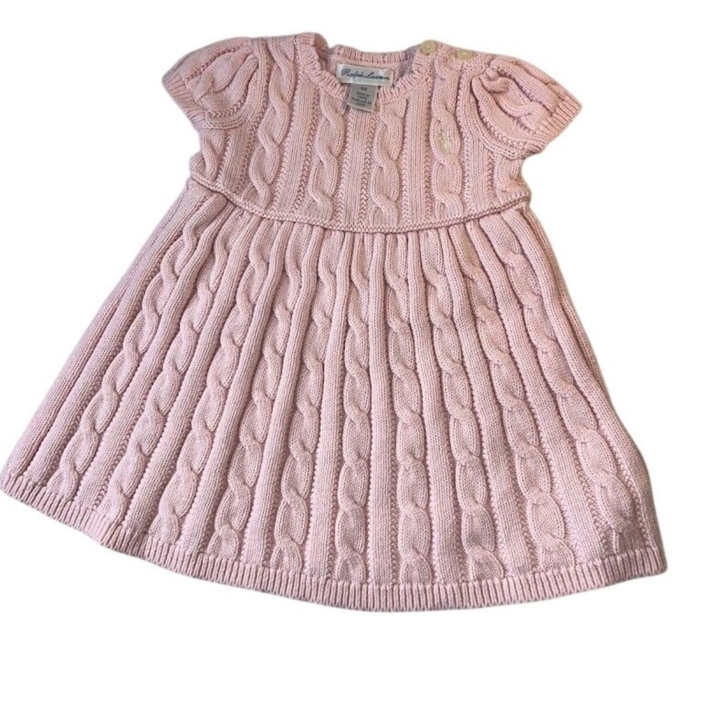 Ralph Lauren Baby Girls Pink Cable Knit Sweater Dress Short Sleeve 6M Pony Logo